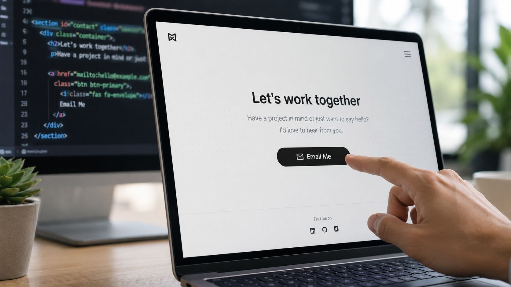 A person using a laptop with a Let's work together contact page featuring an Email Me button.