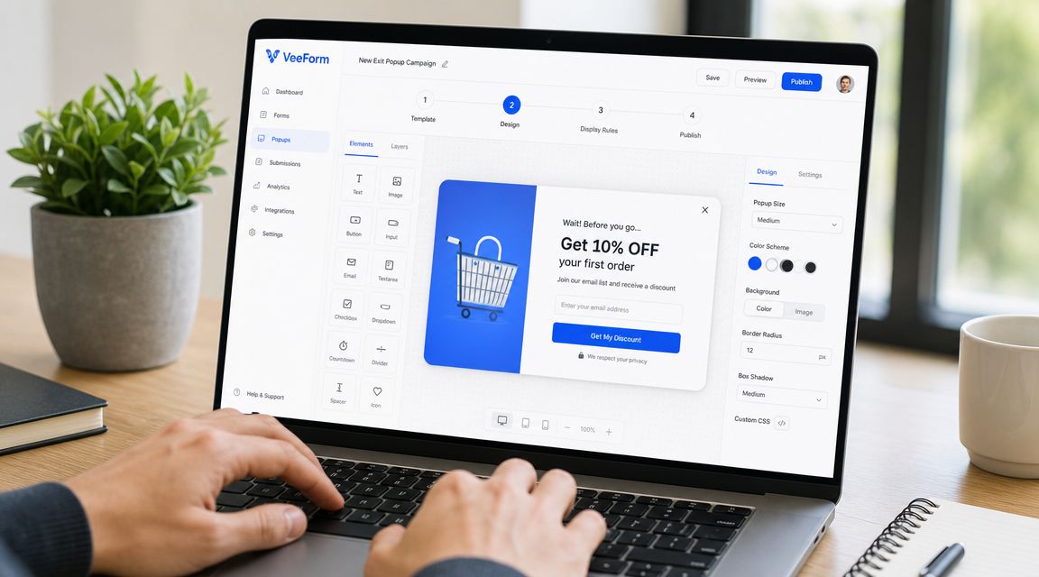 A person using a laptop to design a website exit intent popup campaign using VeeForm software.