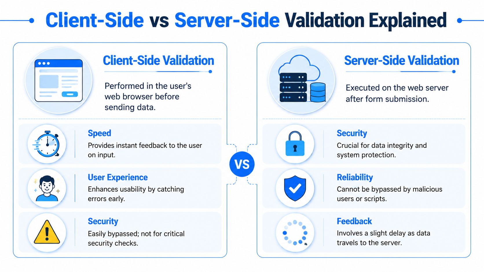 An infographic comparing client-side and server-side form validation across speed, user experience, security, and reliability.
