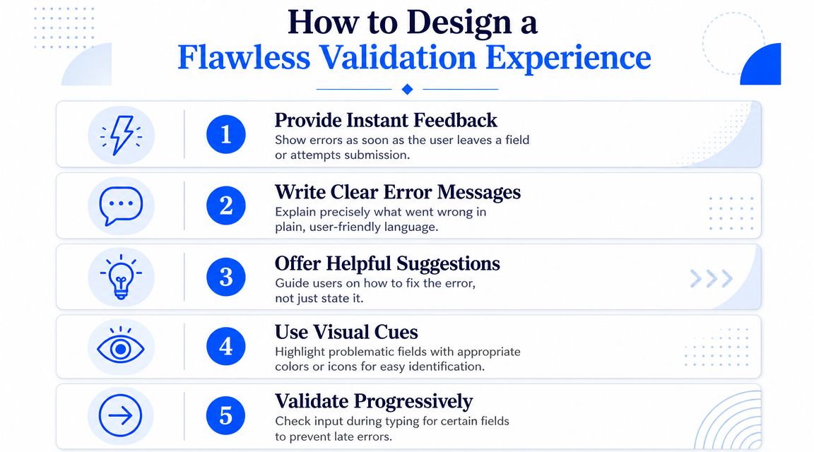 An infographic titled How to Design a Flawless Validation Experience listing five essential tips for form design.