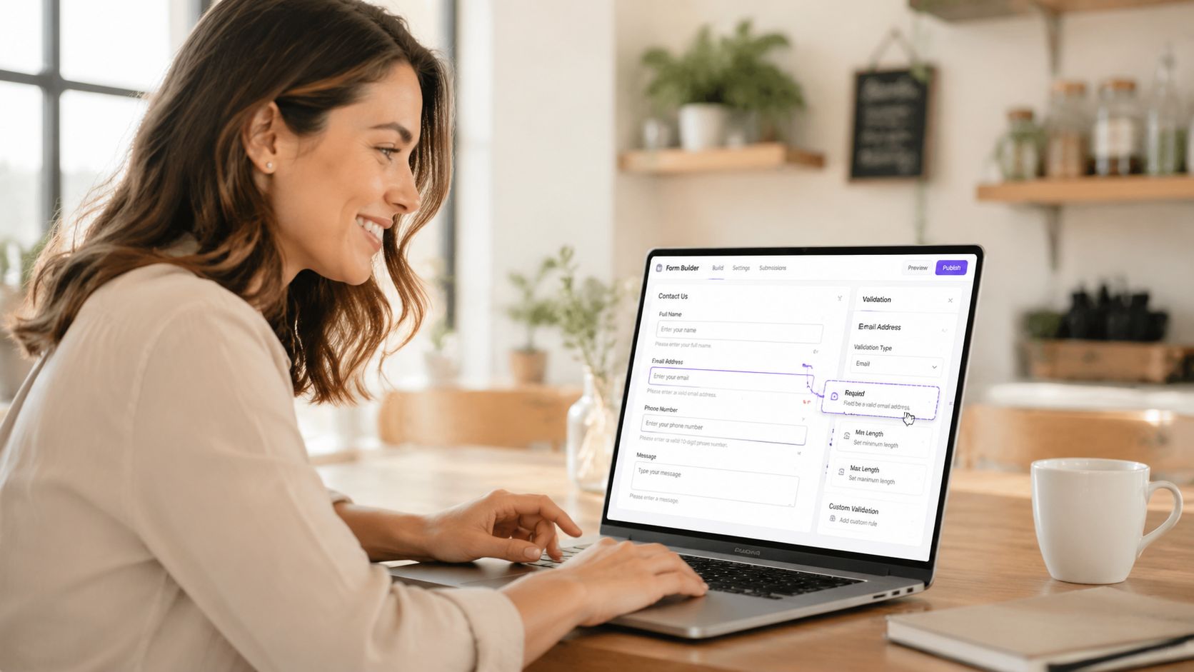 A smiling woman working on a laptop, using a form builder tool for email validation settings.