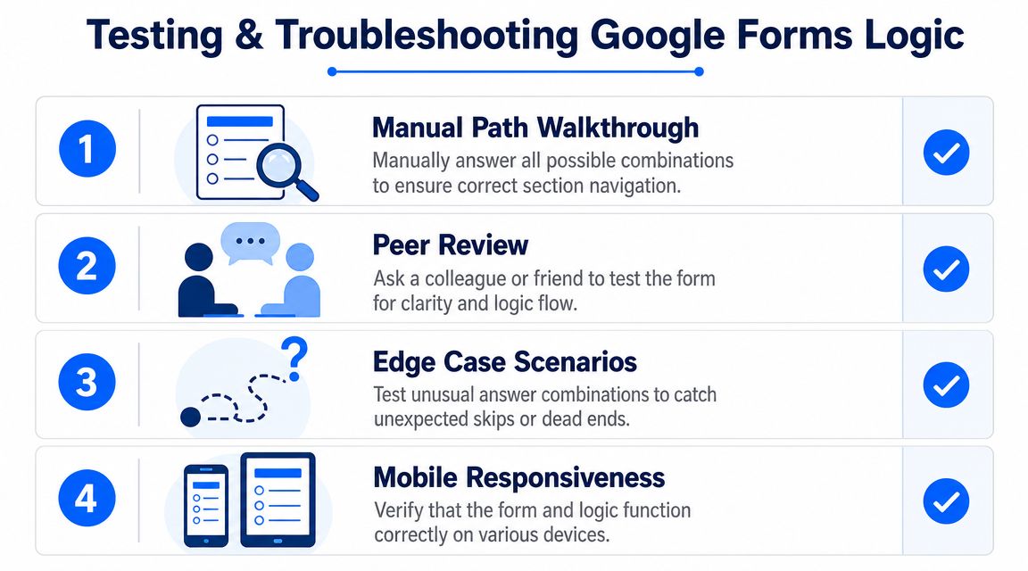 An infographic titled Testing & Troubleshooting Google Forms Logic illustrating four key steps for form quality assurance.