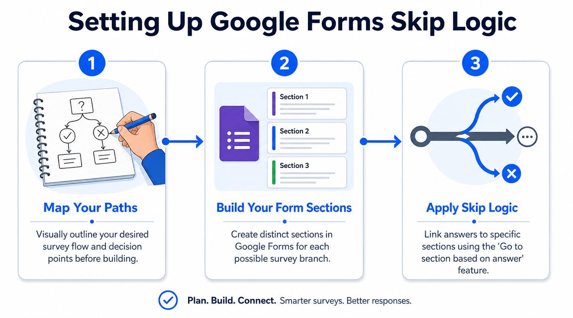 A three-step infographic explaining how to set up skip logic in Google Forms by mapping, building, and connecting.
