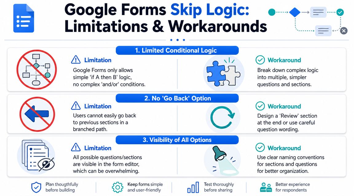 An infographic showing three limitations of Google Forms skip logic and their corresponding simple workarounds.