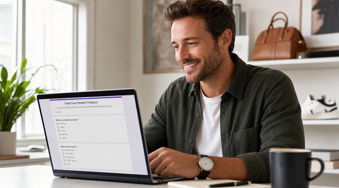 A smiling man working on a laptop computer, filling out an online survey form.