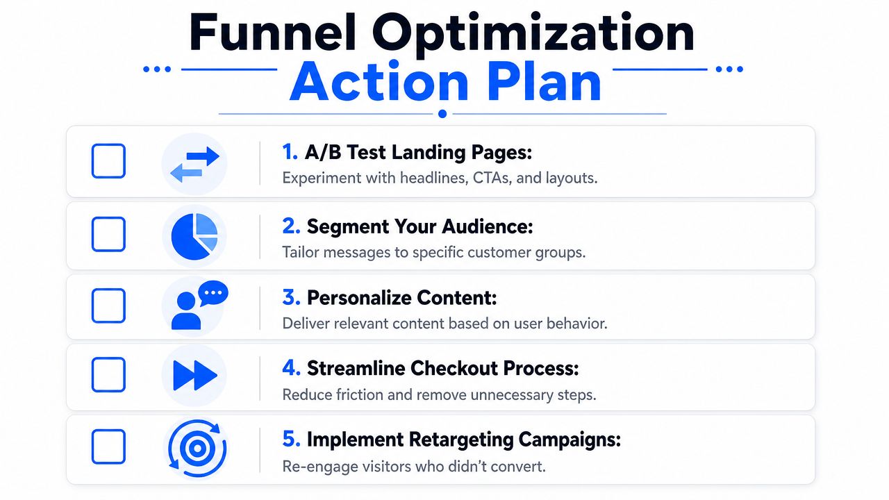A five-step checklist for optimizing sales funnels, including A/B testing, audience segmentation, and personalized marketing content.
