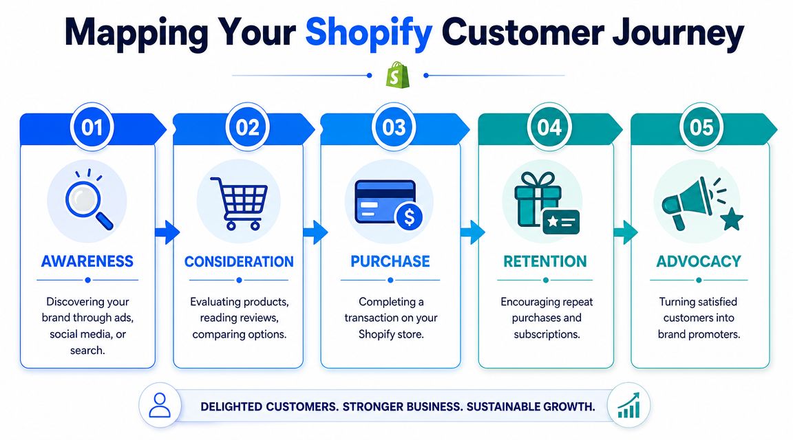 A diagram illustrating the five stages of a Shopify customer journey from awareness to brand advocacy.