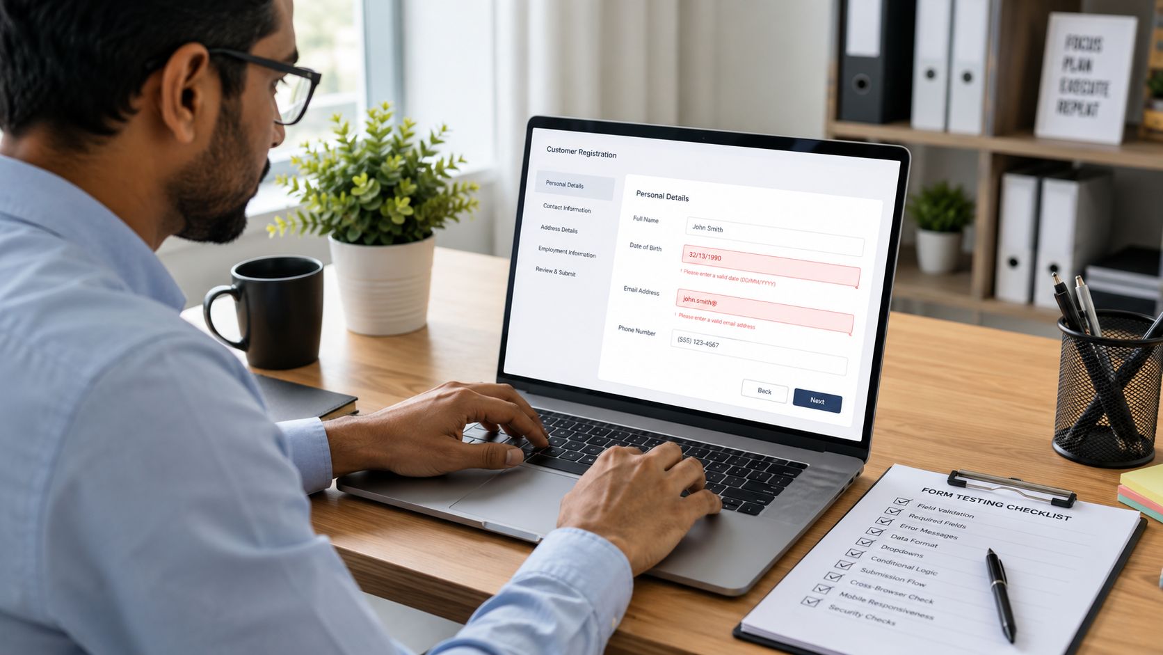 A man working on a laptop computer completing a digital registration form with visible validation errors.