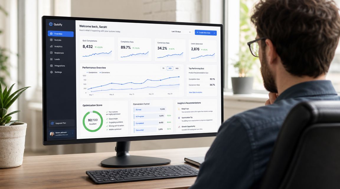 A man working on his computer reviewing quiz performance analytics on a business dashboard called Quizify.