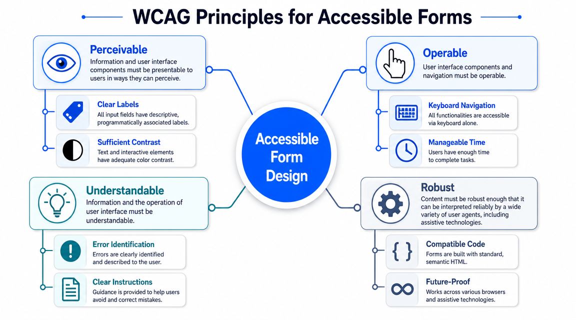 A diagram illustrating the four WCAG principles for creating accessible forms including perceivable, operable, understandable, and robust.
