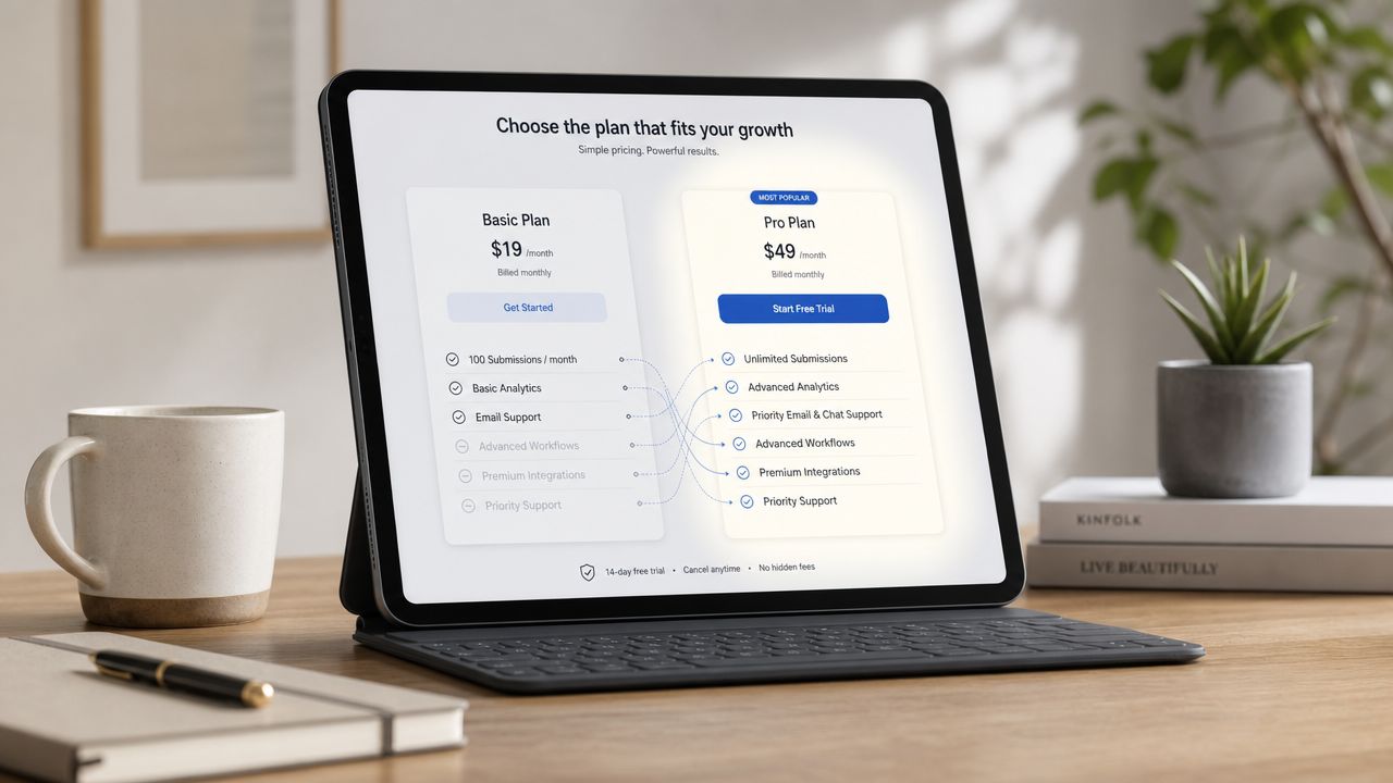 A digital tablet displaying a subscription pricing page for a service comparing basic and pro plan options.