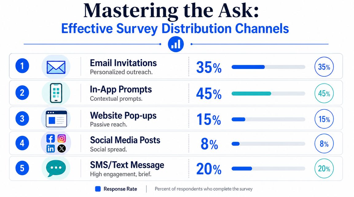 A bar chart infographic comparing the response rates of five different digital survey distribution channels.