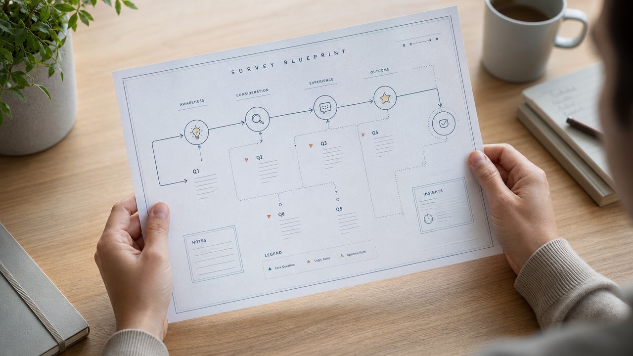 A person holds a printed paper showing a survey blueprint diagram with icons and flowcharts.