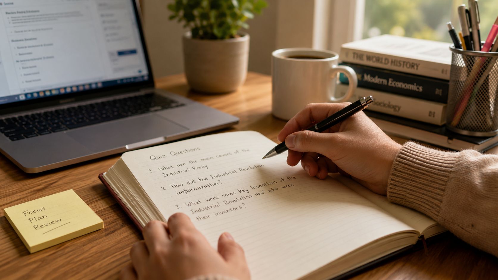 A student writing industrial revolution quiz questions in a notebook at a desk with a laptop.