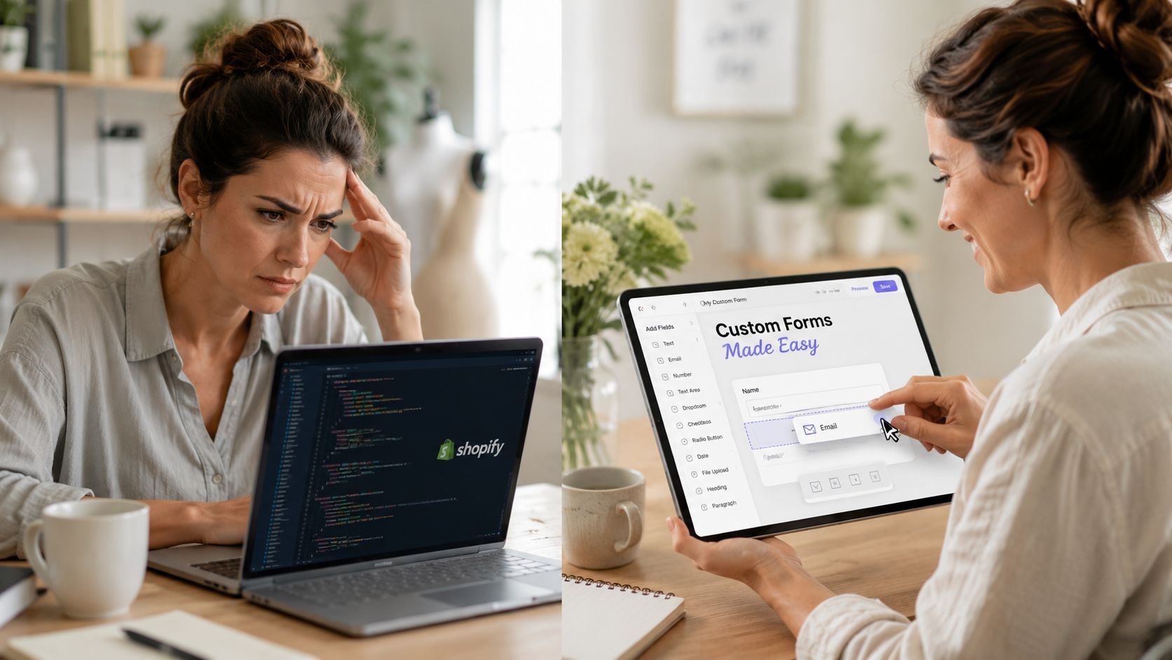 A split screen comparing a stressed developer coding on a laptop versus a happy user creating forms.