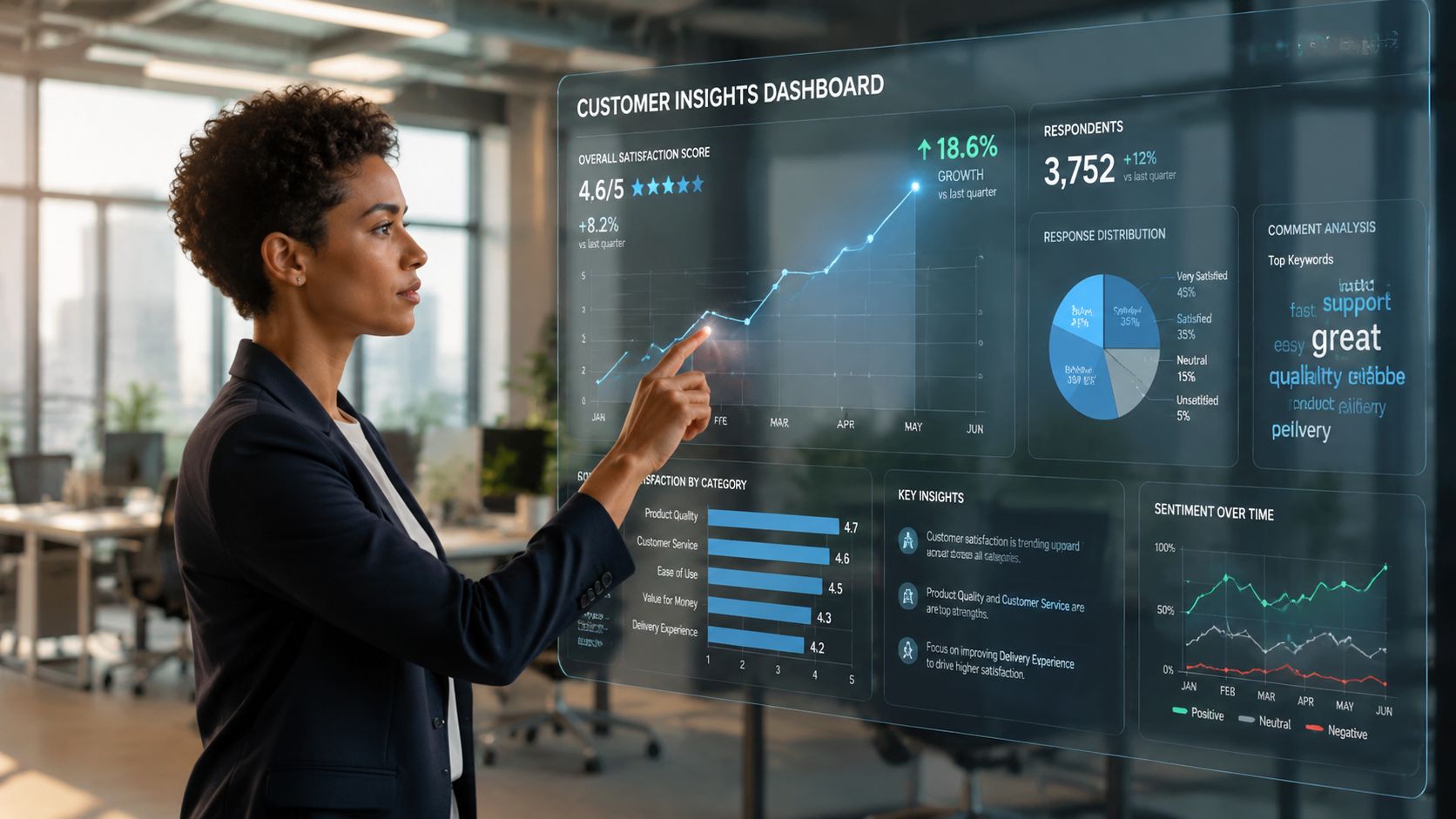 A professional woman interacting with a futuristic holographic customer insights dashboard in an office environment.
