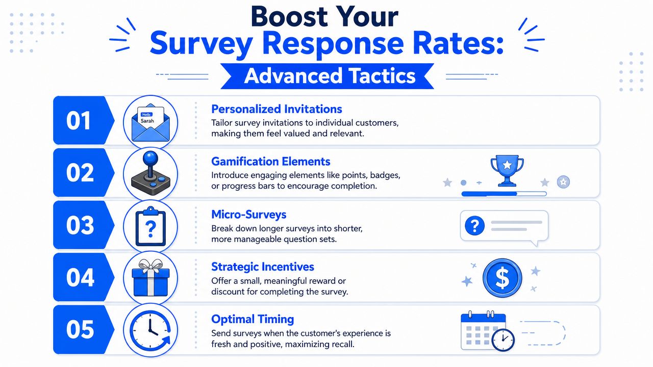 An infographic titled Boost Your Survey Response Rates listing five advanced tactics to improve customer feedback results.