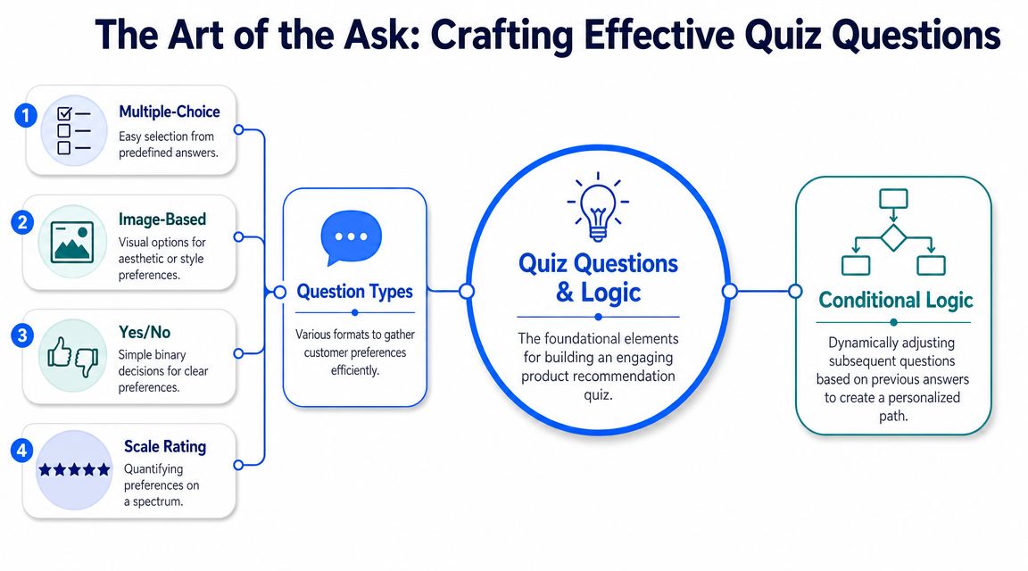 An infographic illustrating various quiz question types and logical flow for creating effective product recommendation quizzes.