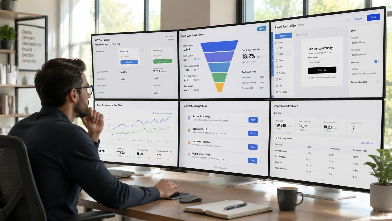 A professional analyzing data analytics on a large multi-screen dashboard setup in a modern office workspace.