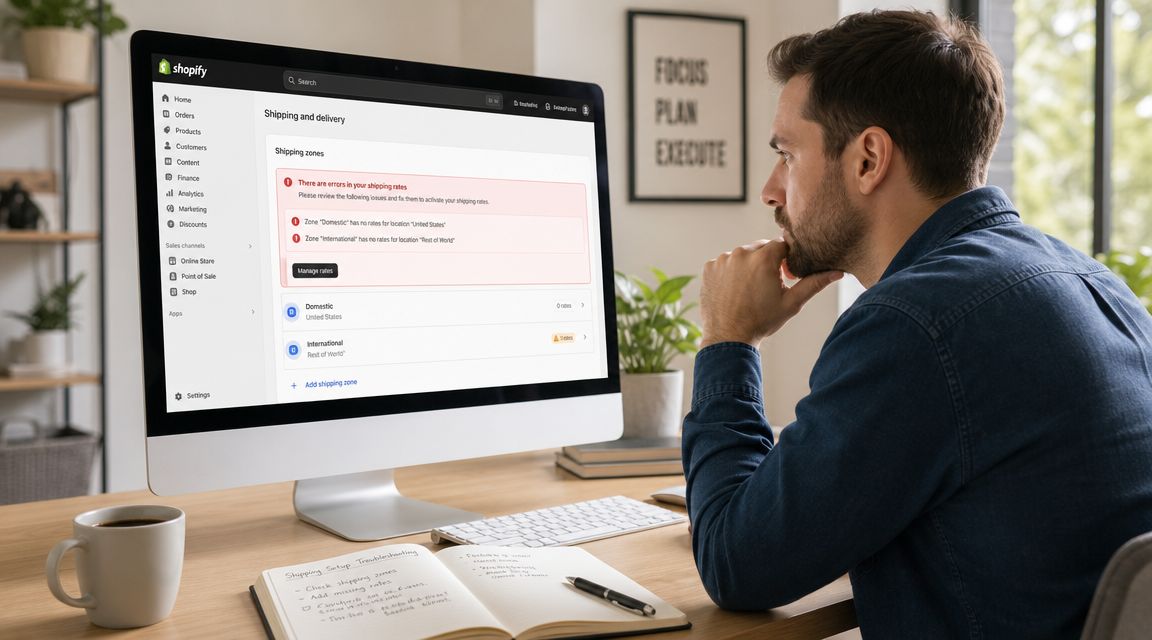 A man sits at a desk looking at Shopify shipping and delivery settings on a computer screen.