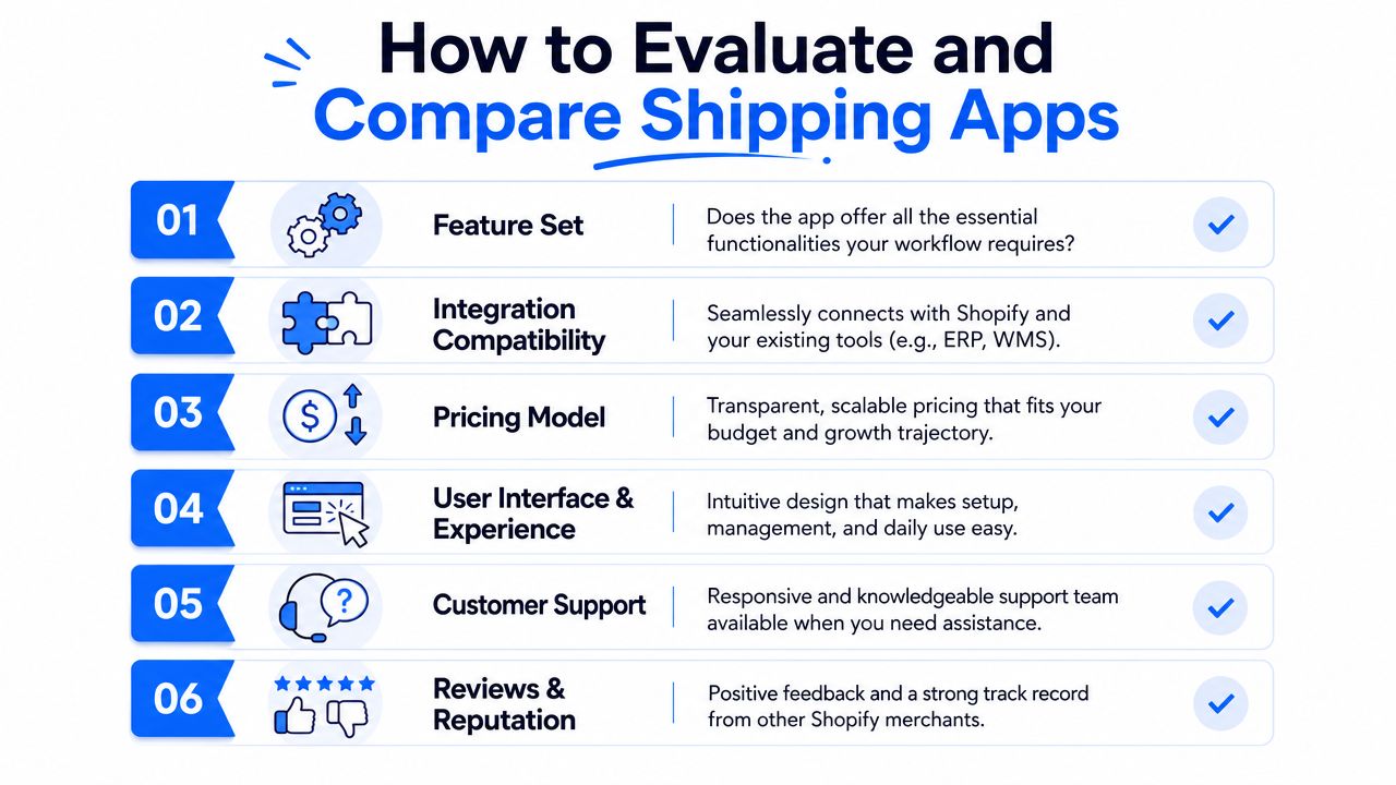 A checklist infographic titled How to Evaluate and Compare Shipping Apps with six key assessment criteria.