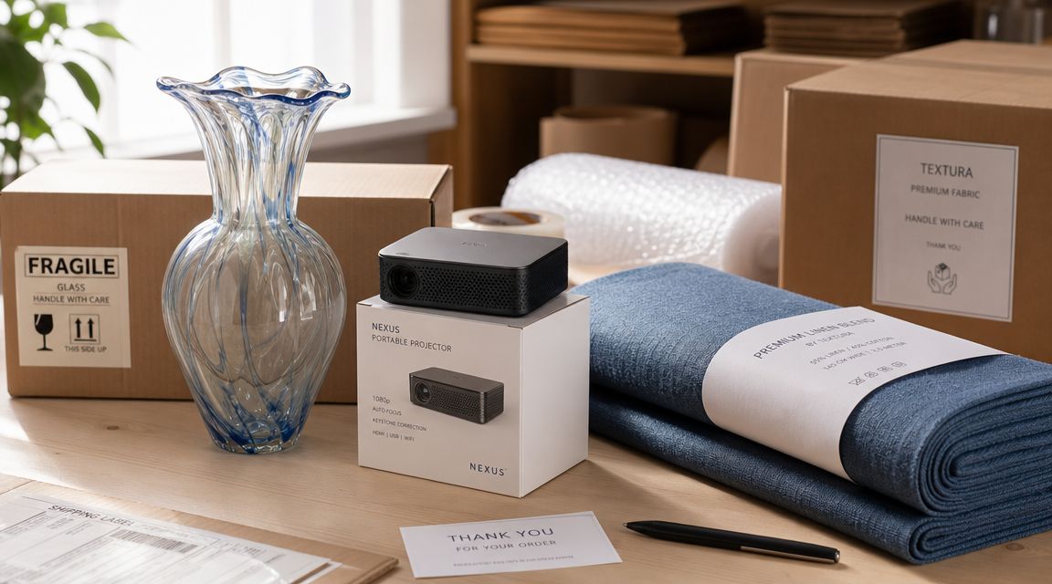 A product photoshoot featuring a projector box, shipping supplies, and linen fabric on a desk.