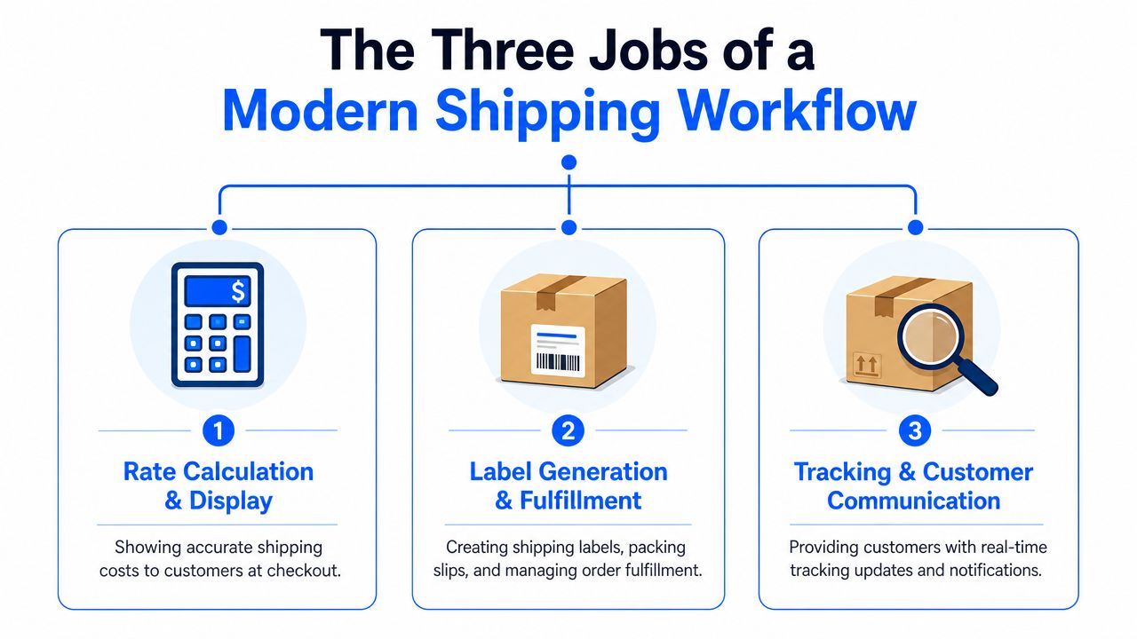A diagram outlining the three essential steps of a modern shipping workflow for online stores.