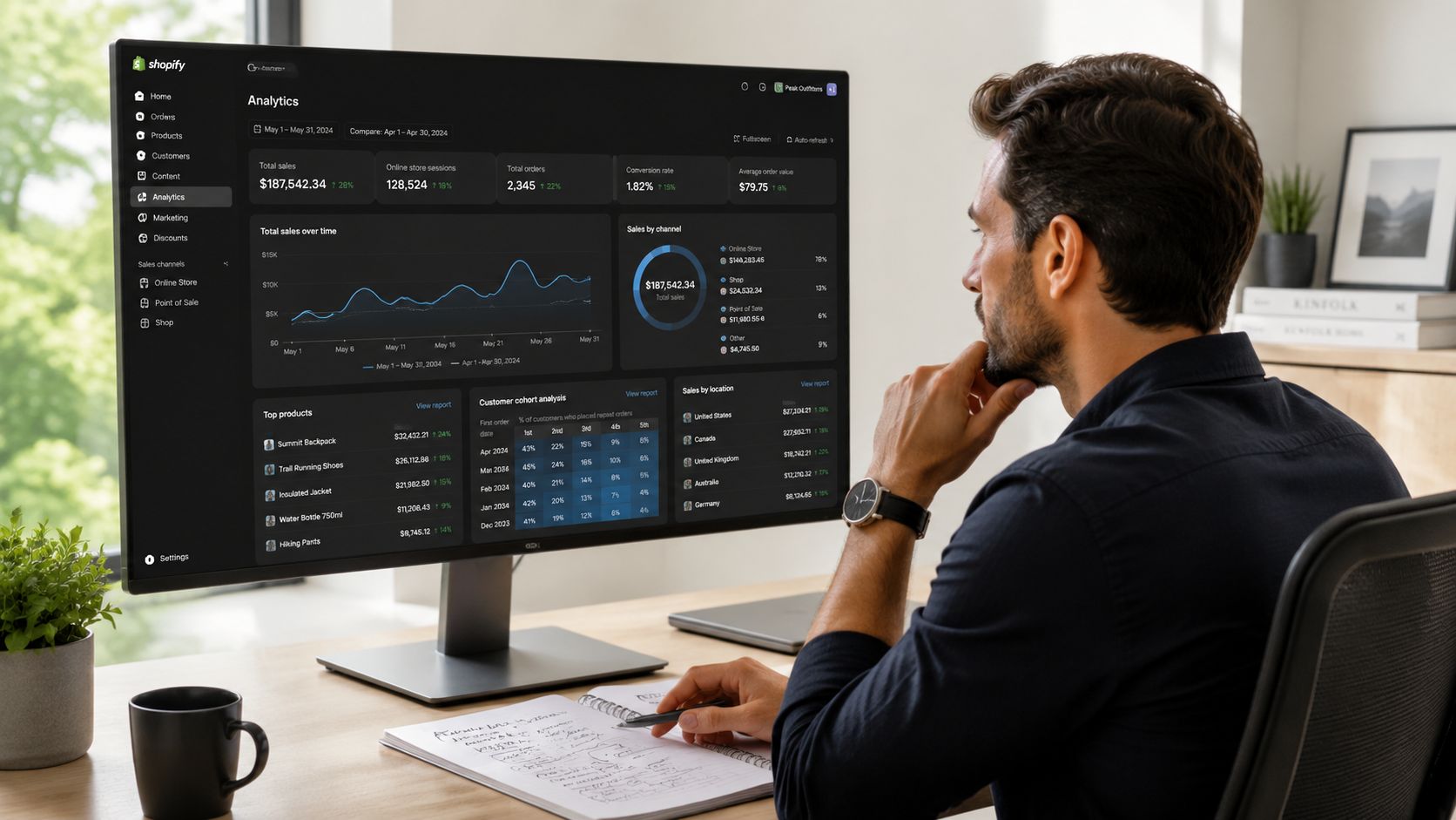 A professional man analyzing his Shopify store revenue dashboard on a large computer monitor in an office.